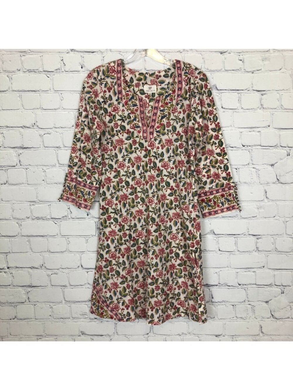 Anokhi Ivory Floral Block Print Kaftan Tunic Dress Size S Cotton